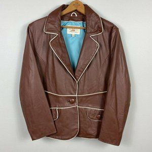 Wilsons Leather Jacket L Womens Retro V-Neck 1-Button Pockets Brown White Piping